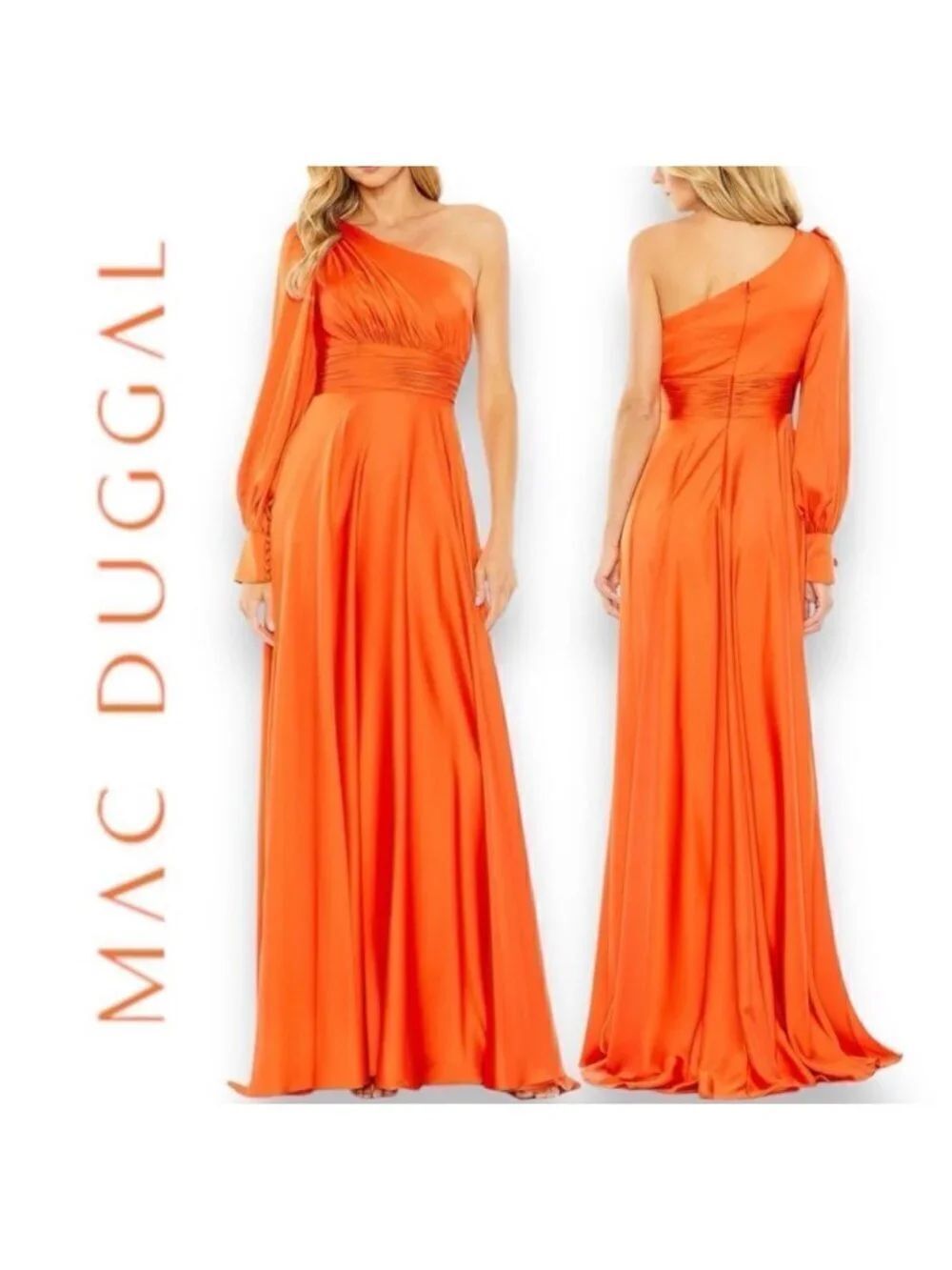 Mac Duggal 67866 Ruched Waist One Sleeve A-Line Orange Dress Size 4